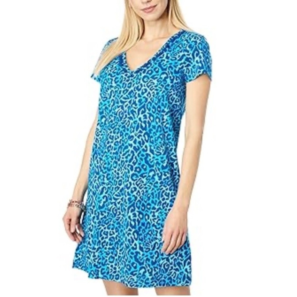 Lilly Pulitzer Marlowe V-Neck Pom Pom Trim‎ Blue Leopard T-Shirt Dress XS
